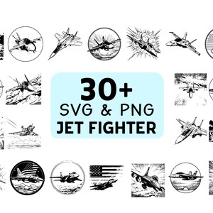 Puede incluir: Colección de ilustraciones en blanco y negro de aviones de combate a reacción en varios estilos. La imagen incluye el texto "30+ SVG & PNG JET FIGHTER" en un rectángulo azul claro. Las ilustraciones muestran diferentes modelos de aviones.