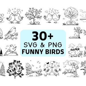 May include: A collection of black and white illustrations of birds in various scenes. The images include birds on branches, in trees, and in pairs, with hearts and other decorative elements. Text reads "30+ SVG & PNG FUNNY BIRDS."