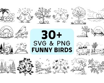 Funny Birds Silhouette SVG PNG Bundle, Cute Animal Clipart, Comical Bird Cut Files, Cartoon Vector