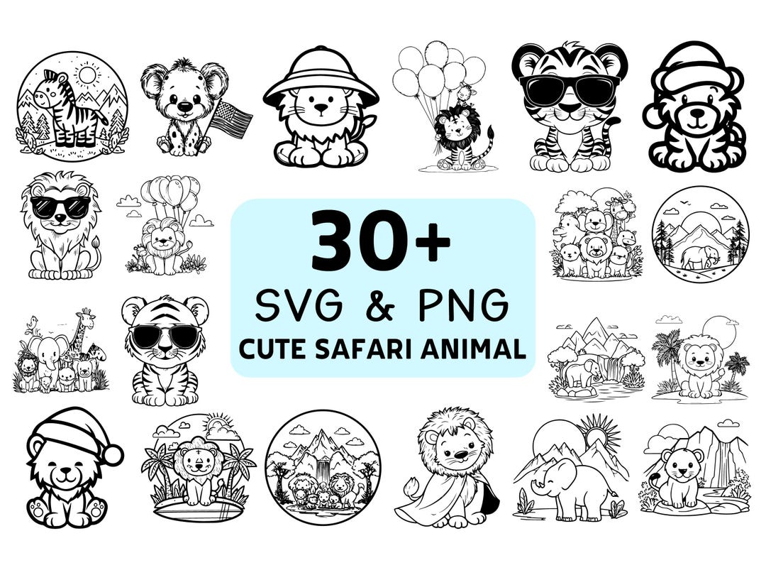Cute Safari Animal SVG PNG Bundle, Jungle Clipart - Etsy