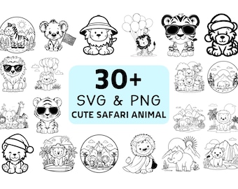 Cute Safari Animal SVG PNG Bundle, Jungle Clipart