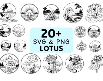 Pacote de arquivos SVG e PNG de lótus, silhueta de flor de lótus, arquivos de corte para Cricut