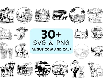 Angus Cow and Calf Silhouette SVG PNG Bundle, Farm Animal Clipart, Ranch Cut Files, Country Vector