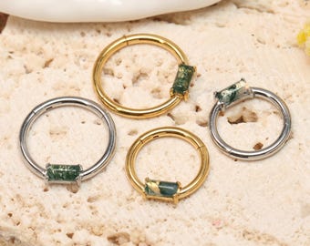 Rectangle Moss Agate Seamless Hinged Clicker Ring 16G 8/10mm Nose Ring Surgical Steel