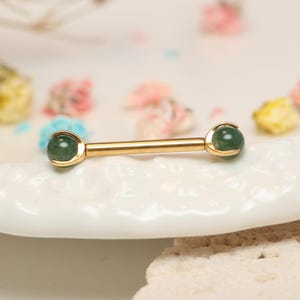 Moss Agate Gold Nipple-Ring Implanted Titanium Internally Threaded Nipple-Barbell 14G Nipple-Piercing-Jewelry Nipple Bar