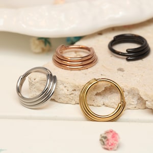Puede incluir: Una variedad de anillos de septum en varios acabados metálicos. Los anillos incluyen plata, oro, oro rosa y negro, cada uno con un diseño en capas. Las joyas se exhiben sobre una superficie neutra y texturizada con pequeños acentos florales.