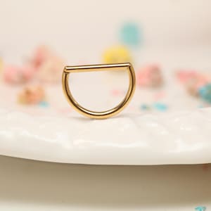 Könnte beinhalten: Ein goldfarbener, D-förmiger Septumring. Der Schmuck besteht aus einem glänzenden, metallischen Material. Der Ring ist vor einem weißen Hintergrund mit verschwommenen Pastellfarben dekoriert.