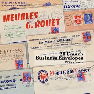 May include: A collage of vintage French business envelopes from the 1960s, featuring stamps and various company logos. The envelopes are in shades of beige and cream, with red and blue text.