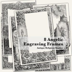 Puede incluir: Una colección de ocho marcos de grabado religioso antiguos. Los marcos presentan ilustraciones detalladas en blanco y negro de ángeles, figuras religiosas y elementos arquitectónicos. El texto en los marcos dice "8 Angelic Engraving Frames" y "Antique Religious Frames."