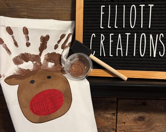 Paño de cocina navideño con huellas de manos de reno, manualidad familiar