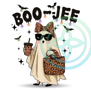 May include: A cartoon ghost wearing sunglasses, a leopard print bow, and carrying a matching tote bag and coffee cup. The ghost is wearing black shoes and the image has the text "BOO-JEE" with bats and stars.