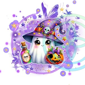 Könnte beinhalten: Eine skurrile Halloween-Illustration mit einem niedlichen Geist, der einen lila Hexenhut mit Totenkopf und Sternen trägt. Eine Zaubertrankflasche und ein Kürbis mit Augenklappe sind ebenfalls vorhanden, alles in einem lila Kreisrahmen mit Sternen.