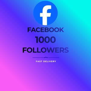 Può includere: Una grafica digitale con il logo bianco di Facebook all'interno di un cerchio blu su uno sfondo sfumato dal viola al ciano. Il testo recita FACEBOOK 1000 FOLLOWERS e FAST DELIVERY in lettere maiuscole nere, in grassetto e senza grazie.