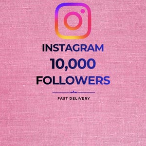 May include: A graphic design on a textured pink background featuring the Instagram logo in a gradient of purple, orange, and yellow. The text reads INSTAGRAM 10,000 FOLLOWERS in dark blue, with a small decorative line and the text FAST DELIVERY below.