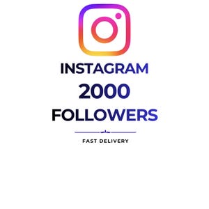 Może przedstawiać: Grafika przedstawiająca logo Instagrama w gradiencie fioletu, różu i pomarańczy. Pod logo znajduje się napis INSTAGRAM 2000 FOLLOWERS pogrubioną, ciemnoniebieską czcionką, a poniżej mała ozdobna linia oraz napis FAST DELIVERY.