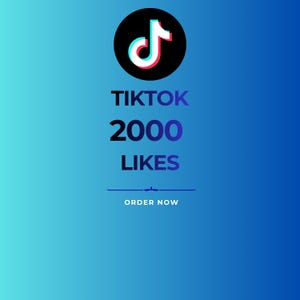 Puede incluir: Gráfico degradado azul con el logo de TikTok en un círculo negro. El texto dice "TIKTOK 2000 LIKES" en blanco y azul, con "ORDER NOW" debajo.