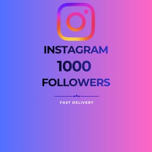 Könnte beinhalten: Digitales Bild mit blau-rosa Farbverlauf. Das Instagram-Logo, ein Quadrat mit abgerundeten Ecken und einem Farbverlauf aus Orange und Rosa, befindet sich oben. Der Text lautet "INSTAGRAM 1000 FOLLOWERS" und "FAST DELIVERY".
