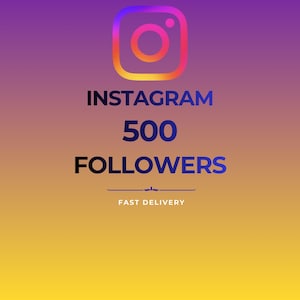 Può includere: Sfondo sfumato dal viola al giallo con il logo di Instagram in alto. Il testo recita "INSTAGRAM 500 FOLLOWERS" in blu e nero, con "FAST DELIVERY" sotto. Immagine per i social media.
