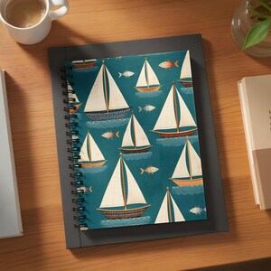 Nautical Sailboat Pattern Journal, Cute Sailing Notebook, Ocean Themed Journal, Boat Lover&#39;s Lined Notebook, Nautical Gift for Writer