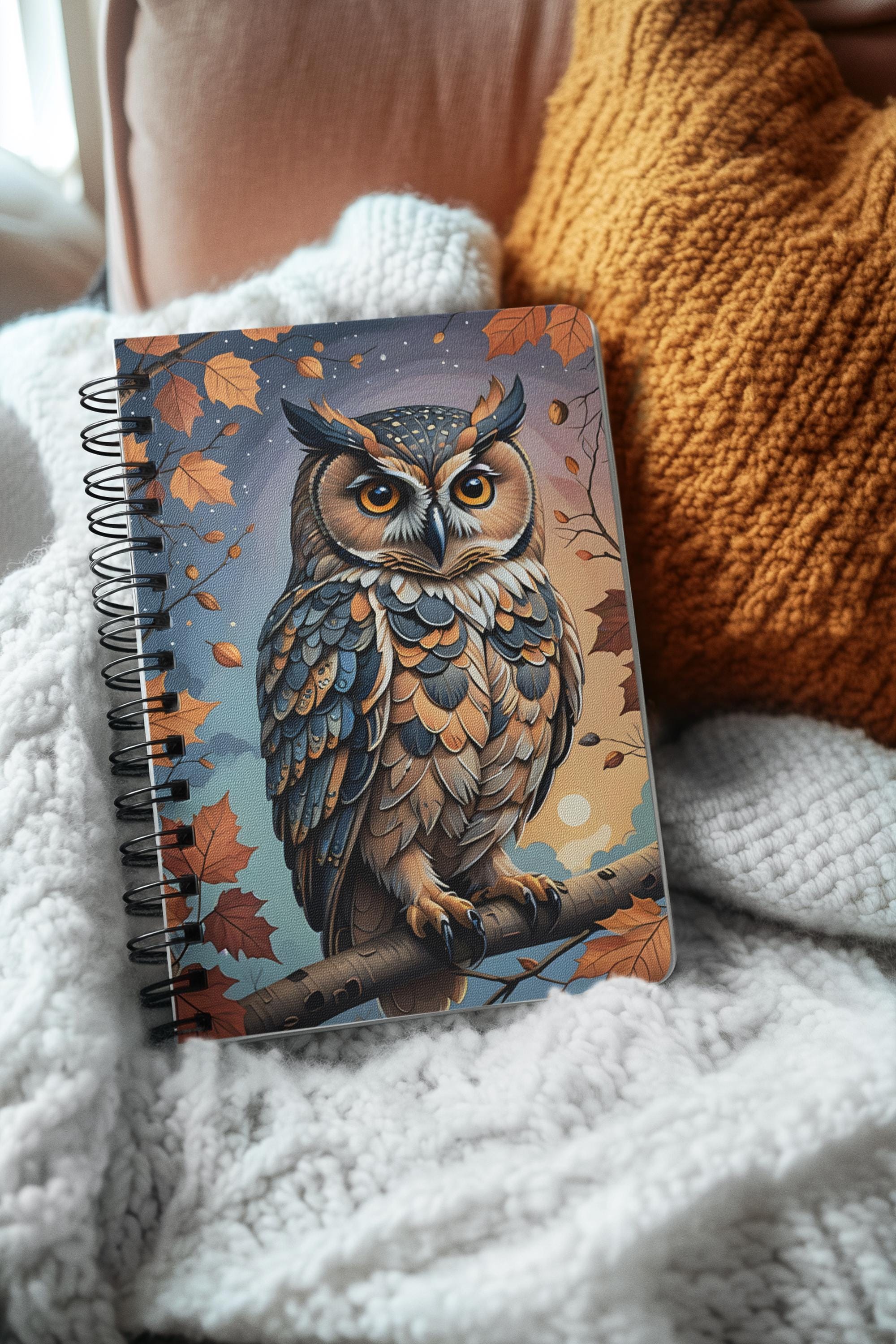 Owl Journal, Autumn Notebook, Great Horned Owl Stationery, Unique Gift, Bird Lover, Fall Theme, Natu