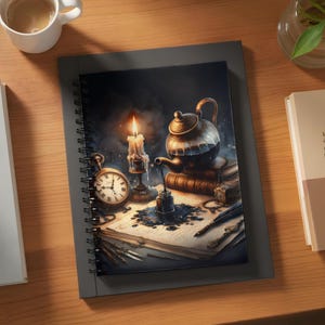 May include: A spiral-bound notebook with a vintage illustration of a candle, pocket watch, inkwell, and teapot. The image depicts a scene of writing and time, with a warm, inviting color palette.