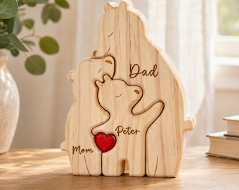 Houten beerpuzzel met gepersonaliseerde familienaam, decoratie voor de babykamer, kerstcadeaus als aandenken voor de familie, cadeaus voor kersverse ouders, cadeaus voor een pasgeboren baby, cadeaus voor een nieuwe moeder