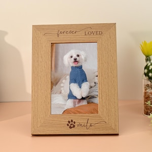 May include: A wooden picture frame with the words "forever LOVED" and a paw print with the name "milo" engraved. The frame holds a photo of a small white dog wearing a blue sweater.