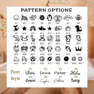 May include: A white chart titled PATTERN OPTIONS displaying 41 black graphic icons including animals, sports balls, and shapes, each numbered. Below, a section titled Font Style lists eight distinct typography examples labeled F1 through F8.