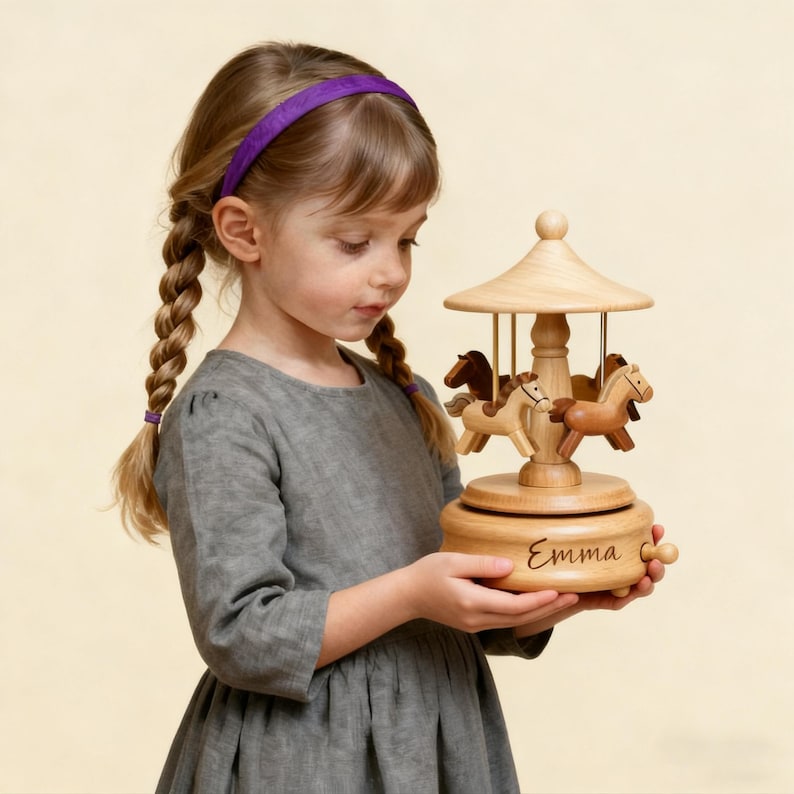 May include: A wooden carousel music box featuring three carved horses in varying shades of brown. The base of the carousel is circular and light-colored wood, with the name Emma engraved in cursive script on the front and a small wooden winding knob.