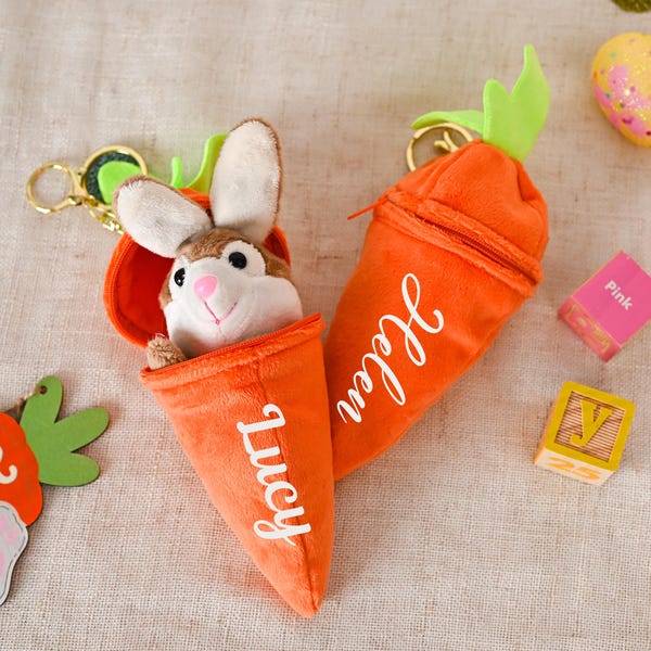 Personalised Easter Carrot with Plush Bunny: Easter Gifts for Kids, Plush Carrot Keychain, Carrot Toy with Bunny, Easter Gifts for Girl/Boy