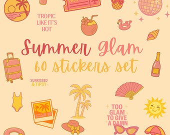 Zestaw naklejek Summer Glam – Naklejki cyfrowe do druku | Retro - Hot Girl Vibes | Naklejki na plażę - podróż - wakacje dla planistów - Instagram