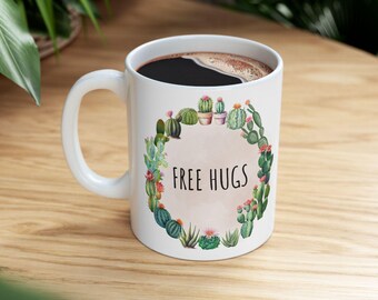 Free Hugs Cactus Mug – Funny Plant Lover Gift – Botanical Pun Coffee Cup – Cute Succulent Mug – Nature Aesthetic Drinkware