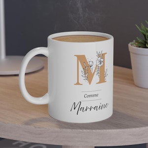 Personalized Godmother Mug - &quot;M for Godmother&quot; with first name & date - Godmother gift for birth or baptism - Minimalist floral mug