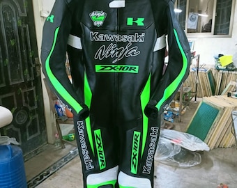 Kawasaki Ninja ZX10R Racing Leather Suit | Green & Black Motorcycle Riding Gear | Men’s Biker Race Suit | Custom Motorbike Suit