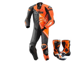KTM Racing Leather Suit & Boots Set | Motorcycle Riding Gear | Men’s Biker Suit | Custom Race Suit