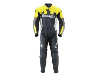 Husqvarna Motorcycle Racing Original Cowhide Leather Suit: Black & Yellow CE Armor