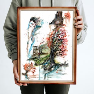 Abstract Watercolor Print: Man Fishing, Temple Art (Digital Download)