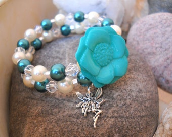 Teal and Ecru Czech Glass Pearls Crystal Bicones Silver Spacers Beaded Memory Wire Bracelet with Teal Flower and Fairy Charm