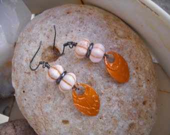 White Howlite Melon Vintaj Deco Etched Orange Aluminum Scale and Gunmetal Beaded Earrings