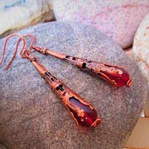 Vintage Style Cherry Red Czech Glass Teardrop Bead and Antique Copper Filigree Bead Cone Dangle Earrings