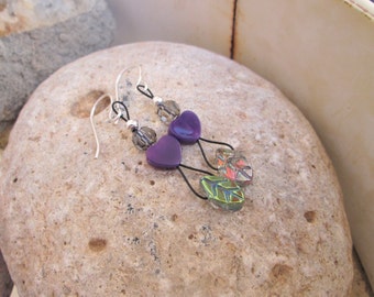 Purple Czech Glass Hearts Czech Glass Leaves and Smokey Czech Glass Faceted Beads Dangle Earrings