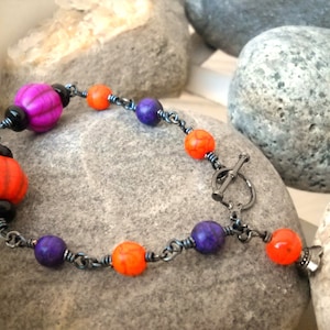Pumpkin Patch Orange and Purple Howlite Hematite Wire Wrapped Bracelet