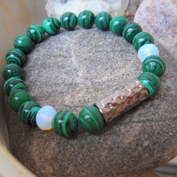 Malachite Opalite and Gun Metal Beaded Stretch Bracelet