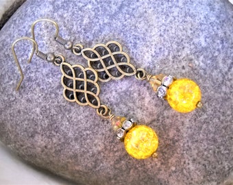 Yellow Crackle Quartz and Antique Brass Crystal and Rhinestone Dangle Earrings