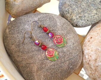 Vintage Rose Ruby Red Vintaj Patina Antique Brass Dangle Earrings