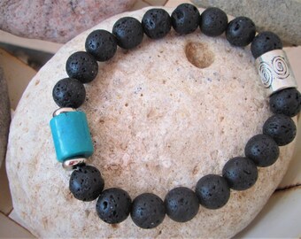 Men's Black Lava Turquoise Drum Bead Antique Silver Tube Bead and Stainless Steel Beaded Stretch Bracelet