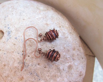 Boho Style Antique Copper Wire Wrapped Caged Purple Mosaic Quartz Dangle Earrings