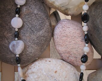 Black Gray and White Agate Asymmetrical Beaded Necklace with Stainless Steel Accents and Heart Shaped Focal