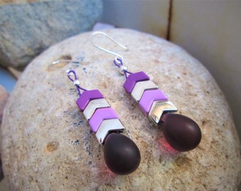 Boho Style Purple Enamel and Silver Chevron Purple Frosted Czech Glass Drop Dangle Earrings