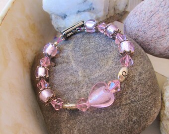 Pink Foil Lined Beads Pink Crystal Bicones and Antique Silver Breast Cancer Awareness Bracelet